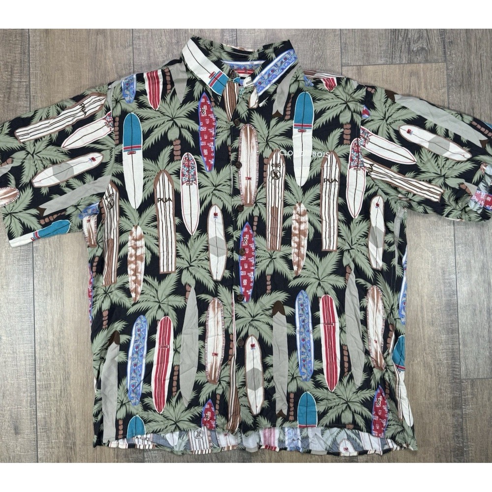 Vintage Reyn Spooner Mens L Hawaiian Chic Pua Surfboards Palm Trees Button Shirt